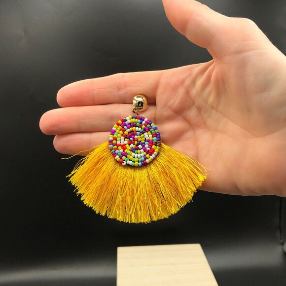 Fringe Fan Earrings Multicolor Beaded Yellow Tassel Boho Festival Dangle Drops - Picture 6 of 7